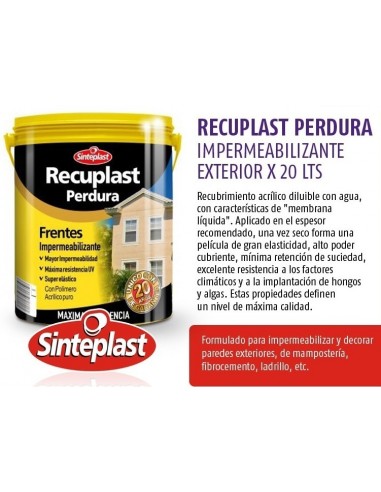 Latex   Clase * Premium   Frentes   " Perdura  Recuplast "    20 Lts  *  * Garantia 20 Años - ímpermeabilizante  " Sintepla