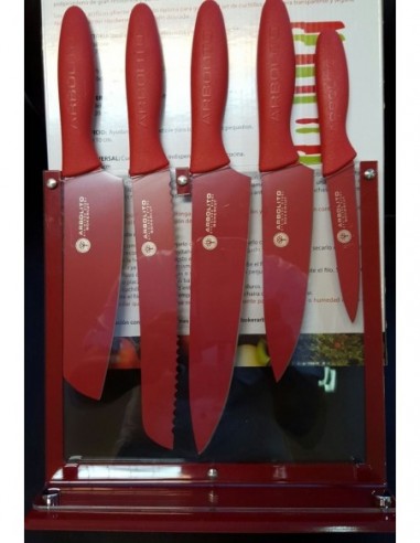 Cuchillo   Jgo.   5 Cuchillos   " Bokercut  Rojos " + Soporte  Ind. Arg.  Acero Aleman