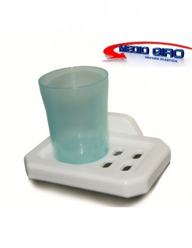 Accesorios  De  Baño    Porta  Cepillo + Vaso        Plastica  Blanca   " Medio Giro "     40/301