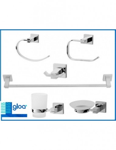 Accesorios  De  Baño      Kit 6  Piezas  Acero + Vaso Vidrio  " Loto - Gloa "