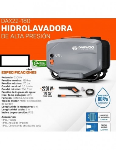 Hidrolavadora   180 "   * Pro   " Daewoo "   2200 W   2 Hp (120/170 Br) (iva10.5%) 360/420 L/hora