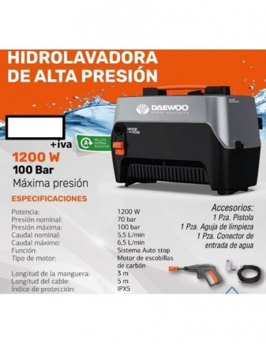 Hidrolavadora   100 "    * Pro   " Daewoo "   1200 W   1.5 Hp (70/100 Br) (iva10.5%) 360/420 L/hora